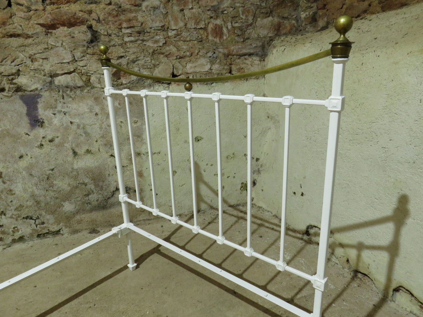 Antique French Enamelled Cast Iron and Brass Double Bed