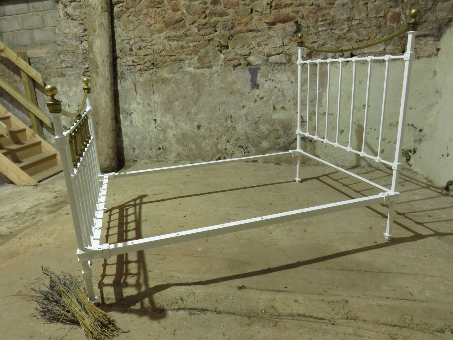 Antique French Enamelled Cast Iron and Brass Double Bed