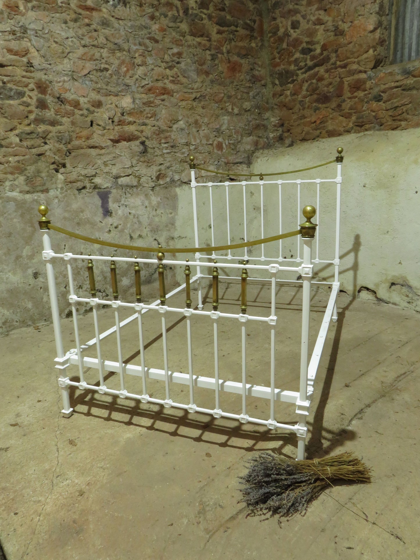 Antique French Enamelled Cast Iron and Brass Double Bed