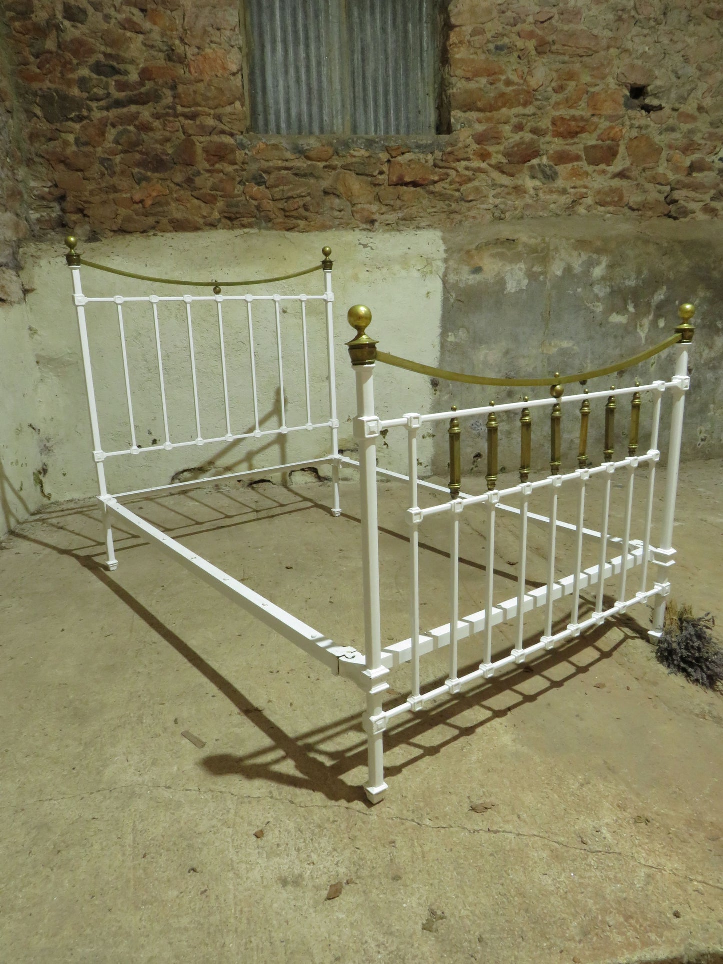 Antique French Enamelled Cast Iron and Brass Double Bed