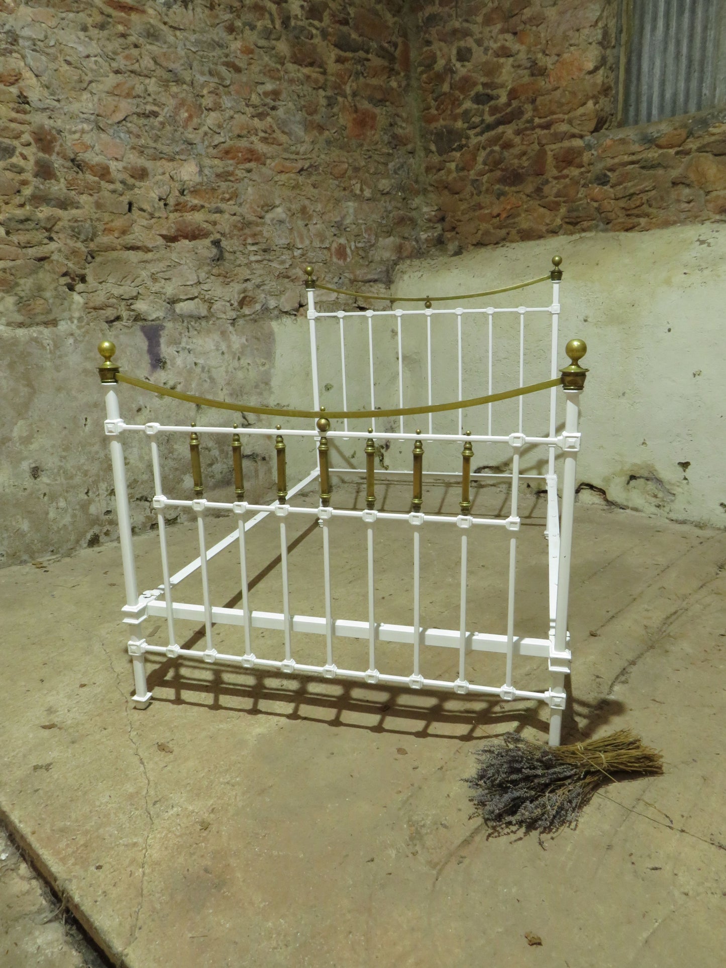 Antique French Enamelled Cast Iron and Brass Double Bed