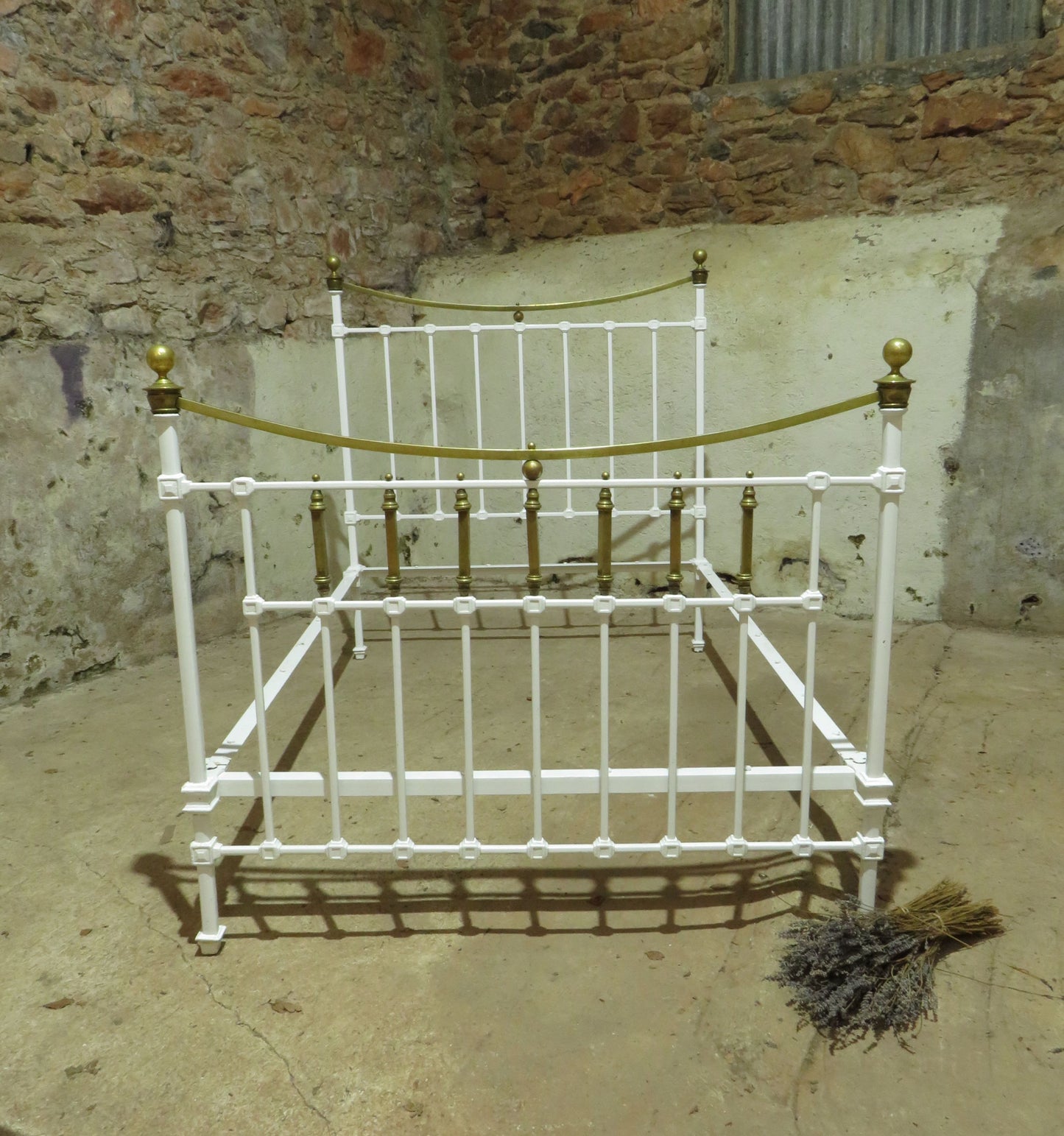 Antique French Enamelled Cast Iron and Brass Double Bed
