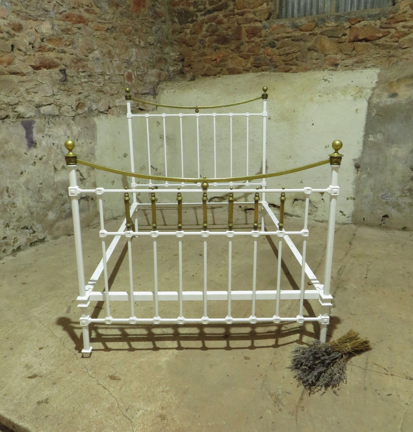 Antique French Enamelled Cast Iron and Brass Double Bed