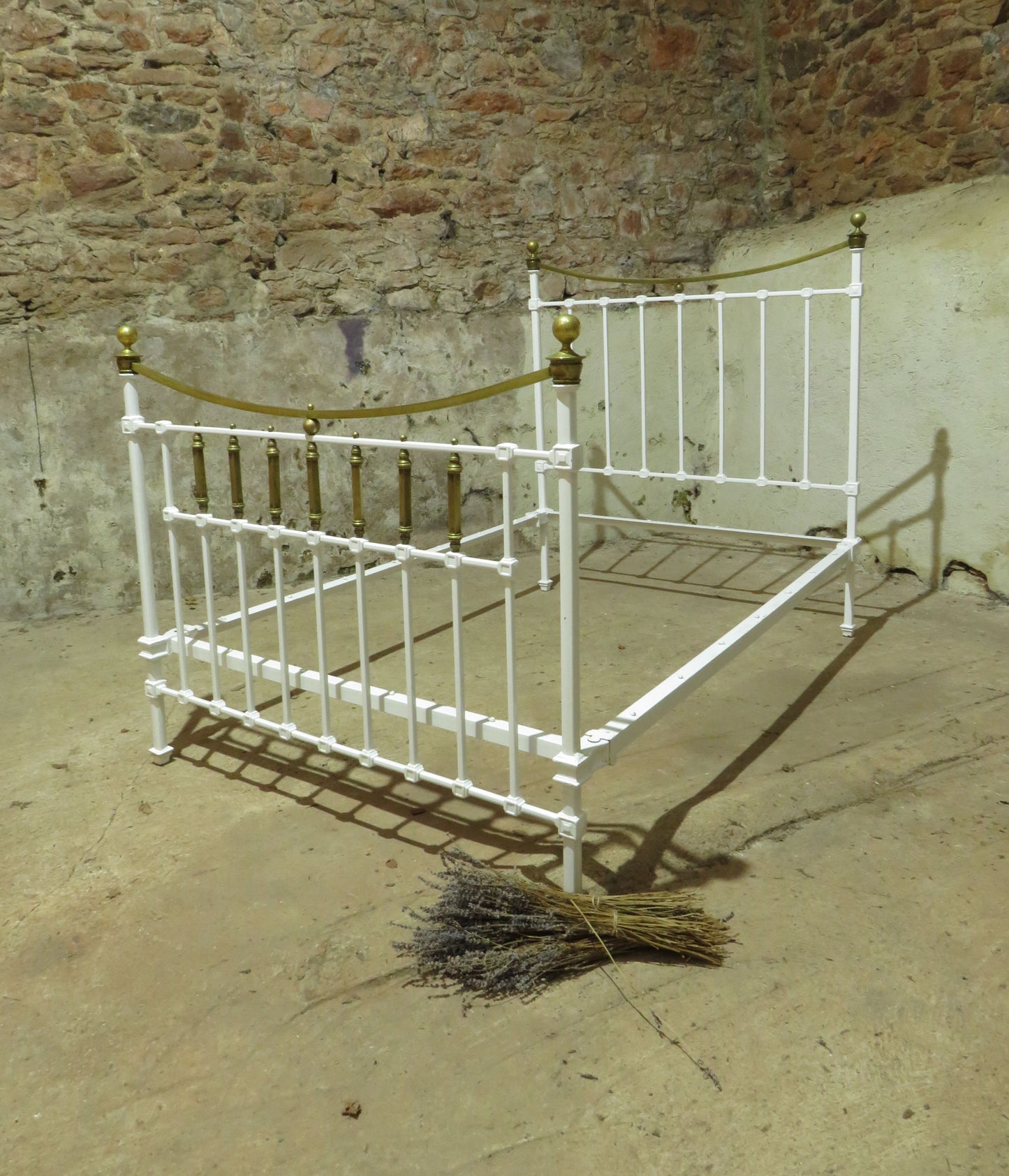 Antique French Enamelled Cast Iron and Brass Double Bed