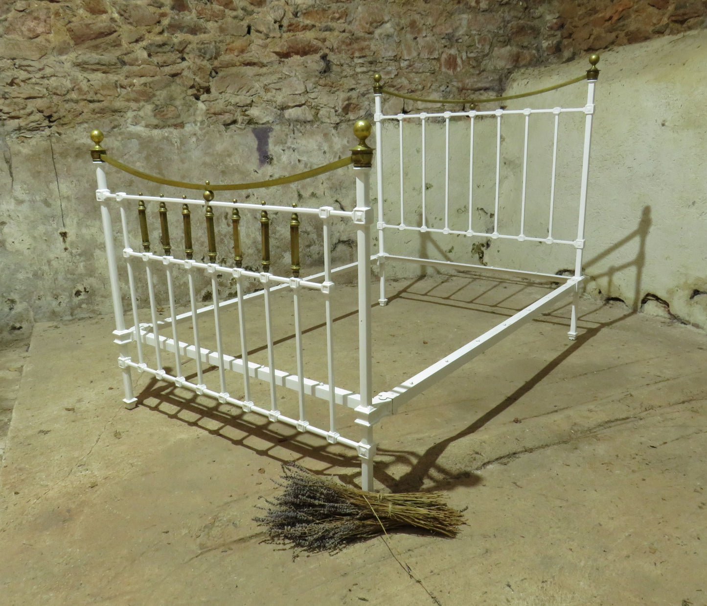 Antique French Enamelled Cast Iron and Brass Double Bed