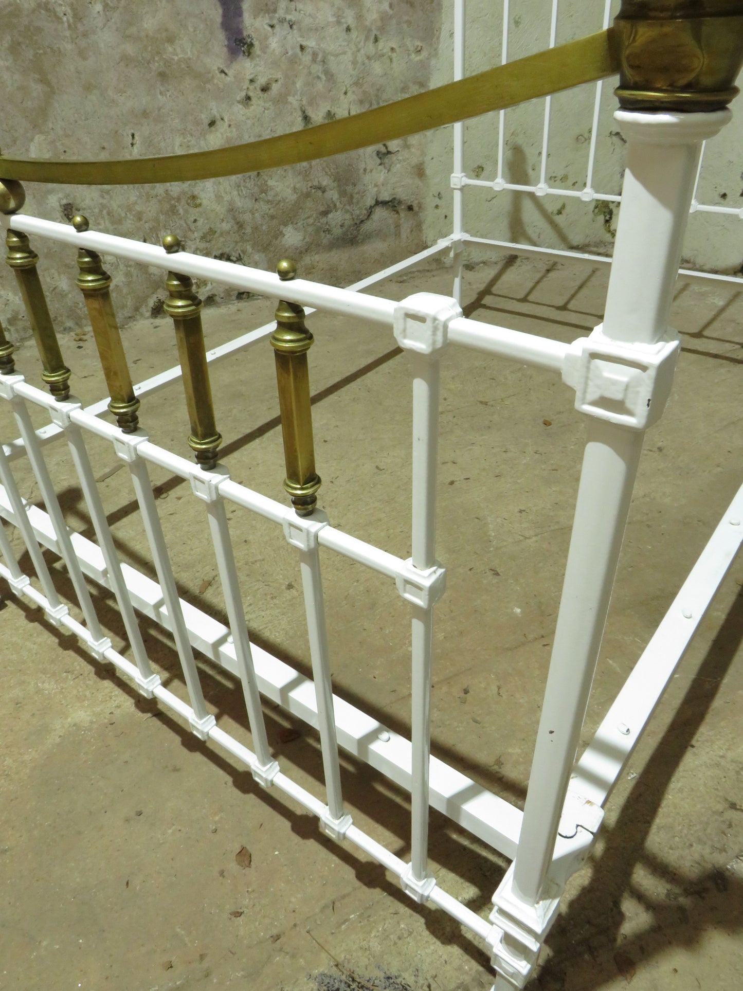 Antique French Enamelled Cast Iron and Brass Double Bed