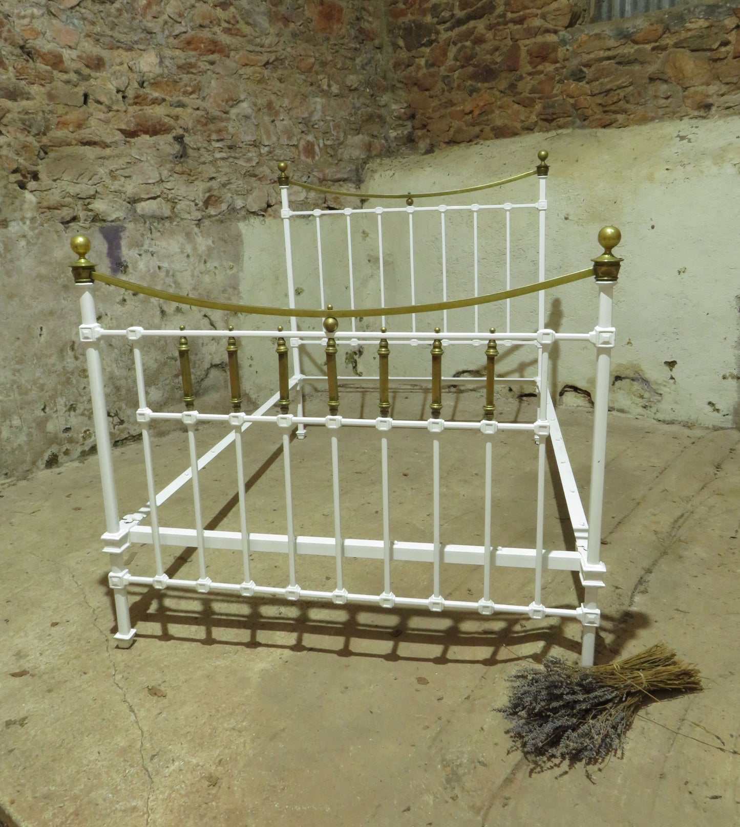 Antique French Enamelled Cast Iron and Brass Double Bed