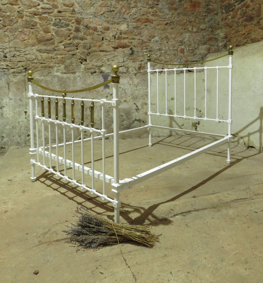 Antique French Enamelled Cast Iron and Brass Double Bed
