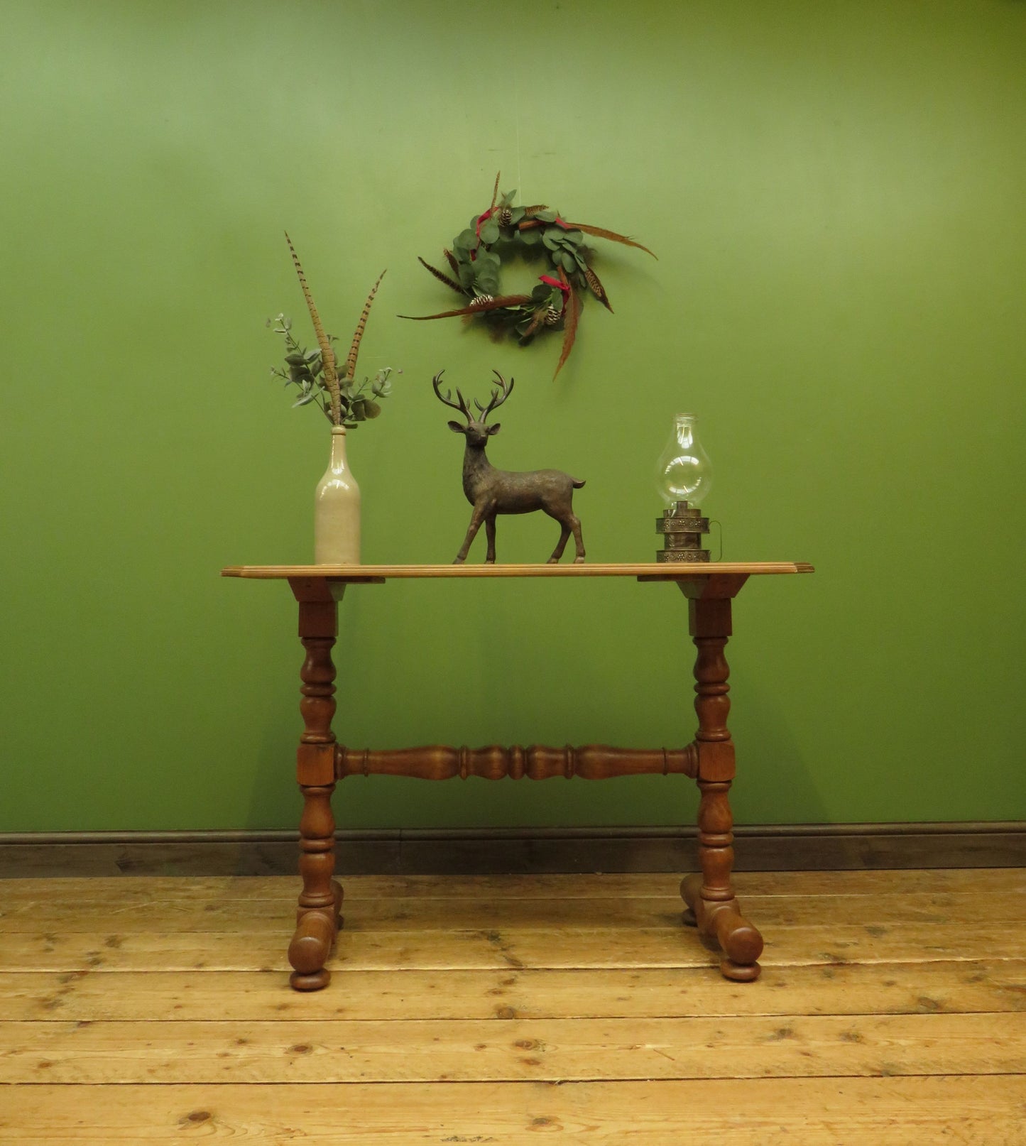 Antique Pine Side Table with Stripped Top and Turned legs