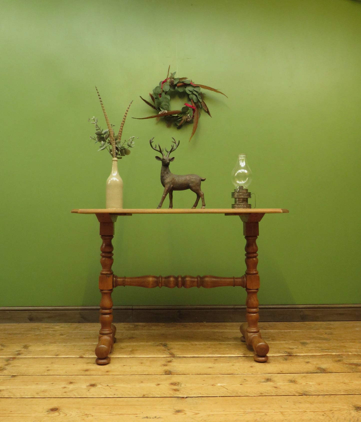 Antique Pine Side Table with Stripped Top and Turned legs