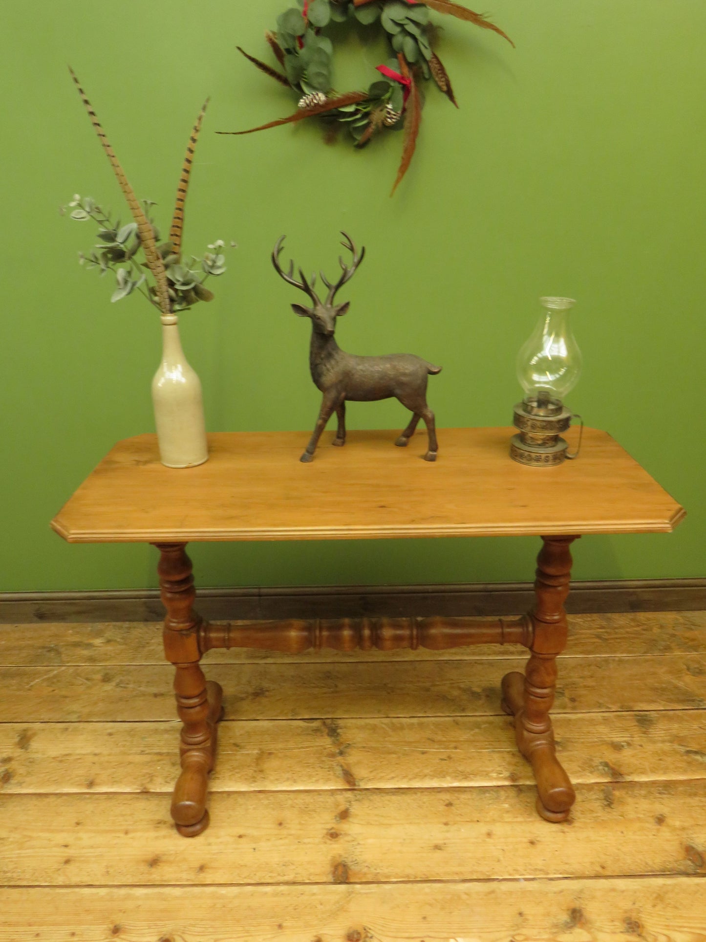 Antique Pine Side Table with Stripped Top and Turned legs