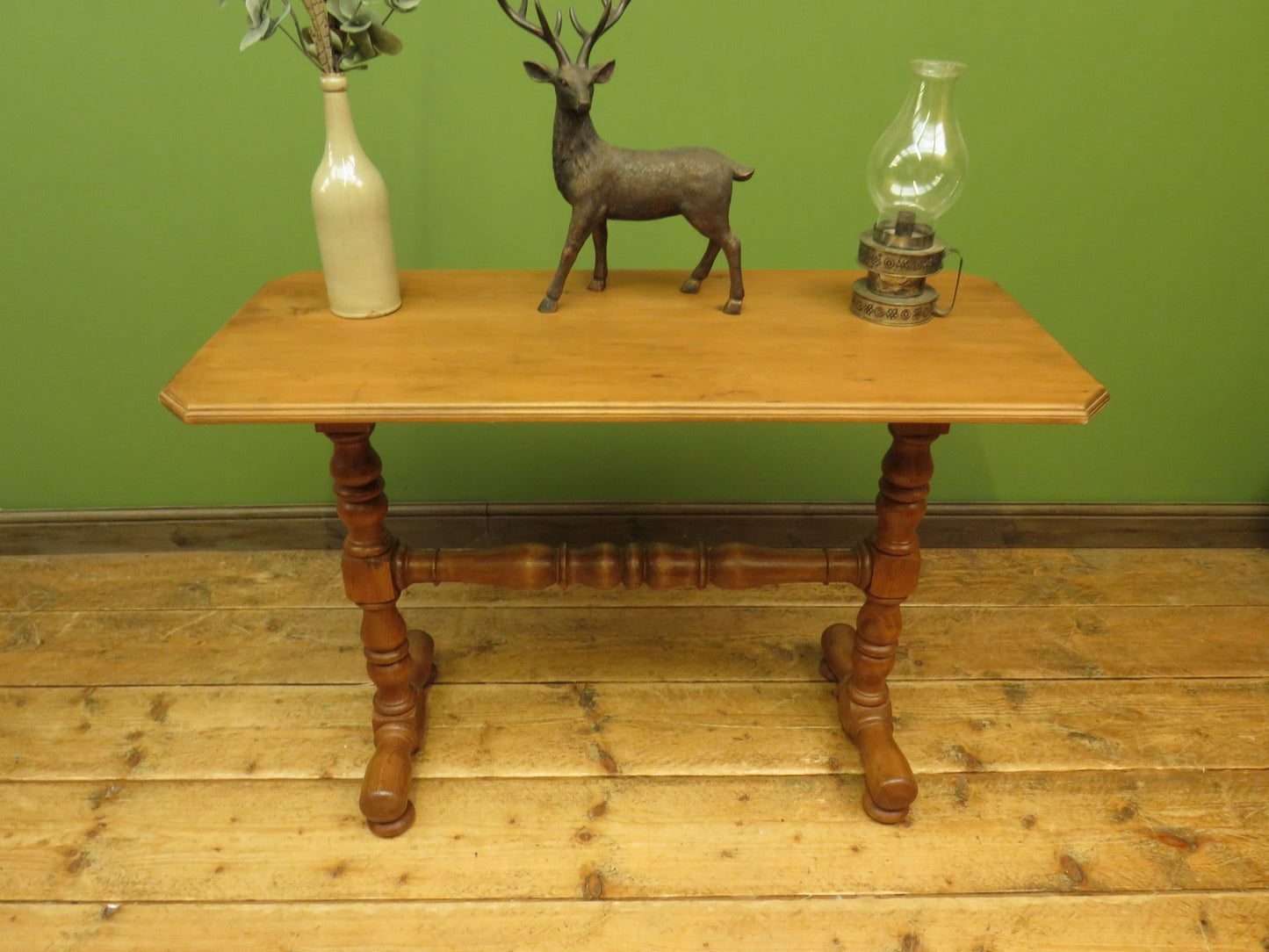 Antique Pine Side Table with Stripped Top and Turned legs