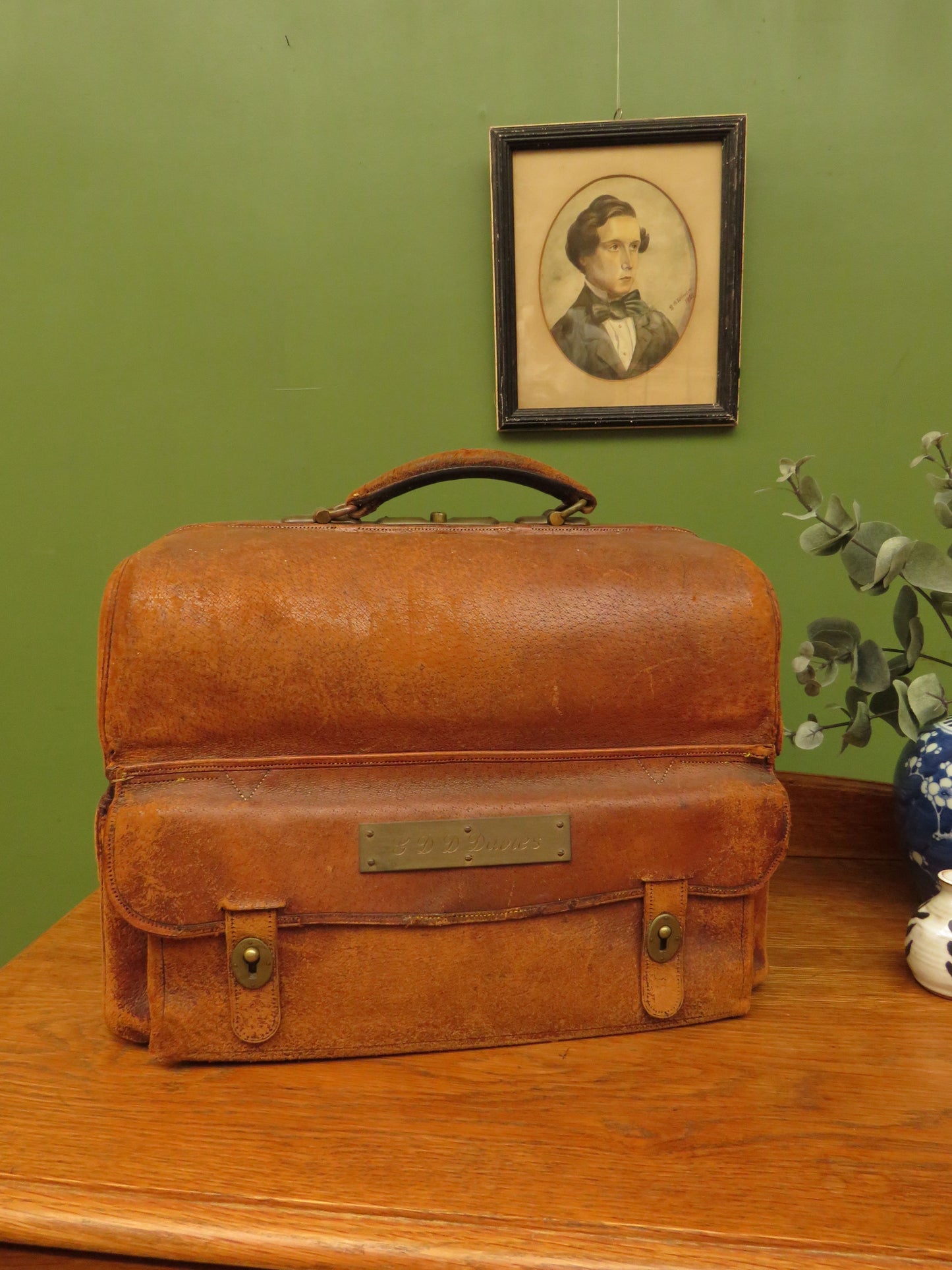 Antique Monogrammed Leather Gladstone Bag and Sharks Pin dated 1890 G.D.D.Davies