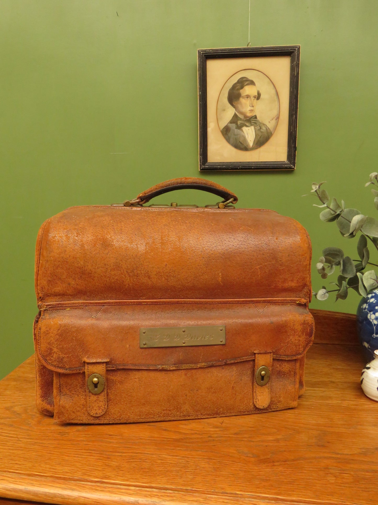 Antique Monogrammed Leather Gladstone Bag and Sharks Pin dated 1890 G.D.D.Davies