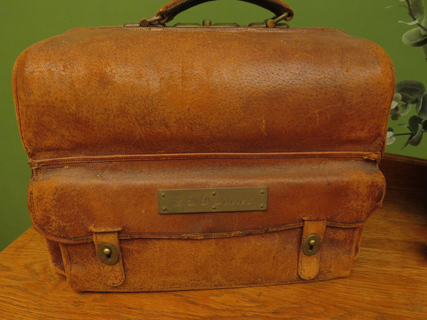 Antique Monogrammed Leather Gladstone Bag and Sharks Pin dated 1890 G.D.D.Davies