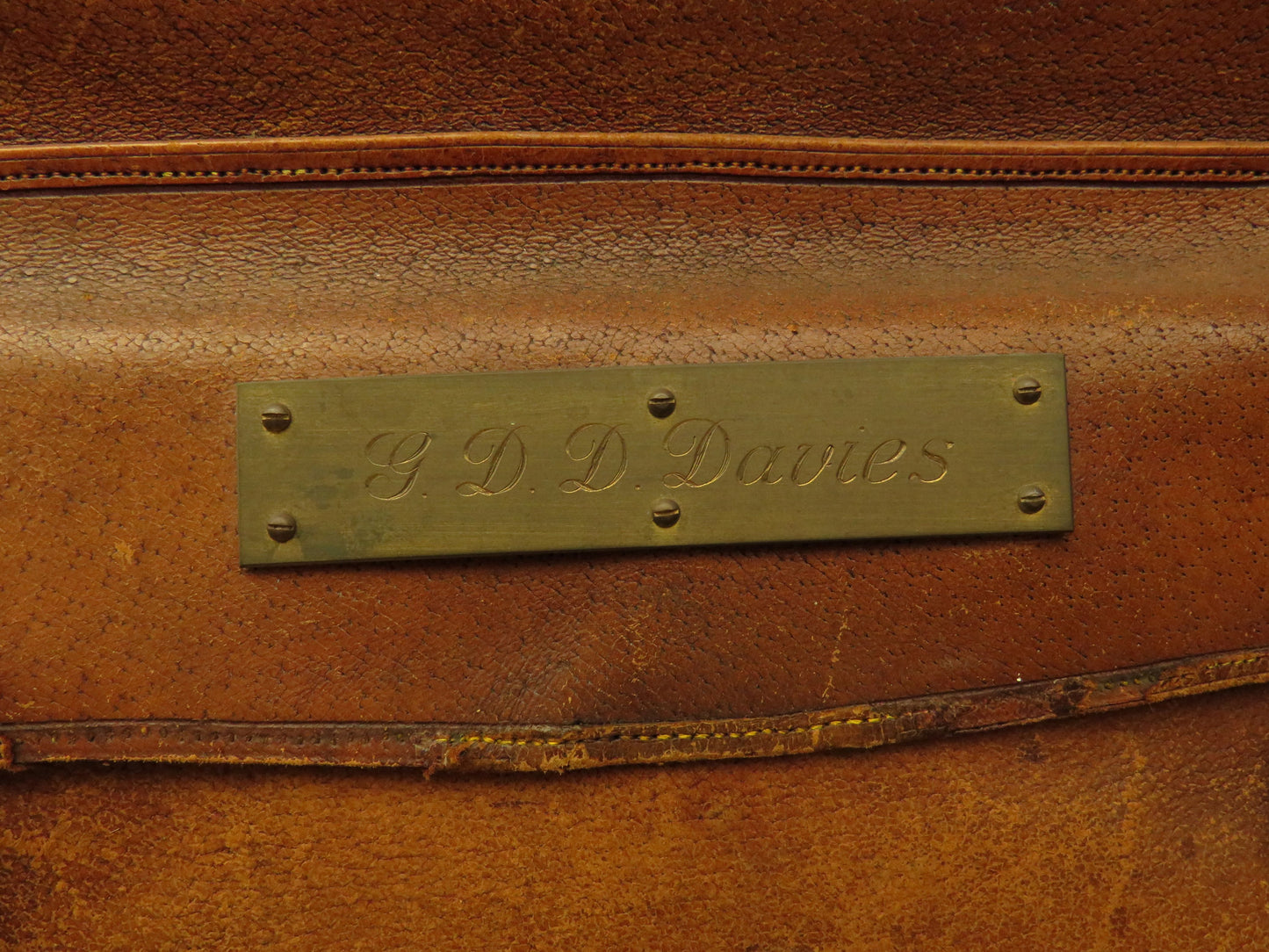 Antique Monogrammed Leather Gladstone Bag and Sharks Pin dated 1890 G.D.D.Davies