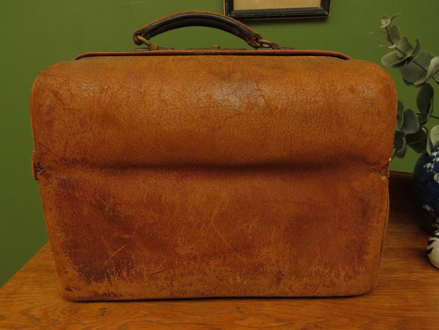 Antique Monogrammed Leather Gladstone Bag and Sharks Pin dated 1890 G.D.D.Davies