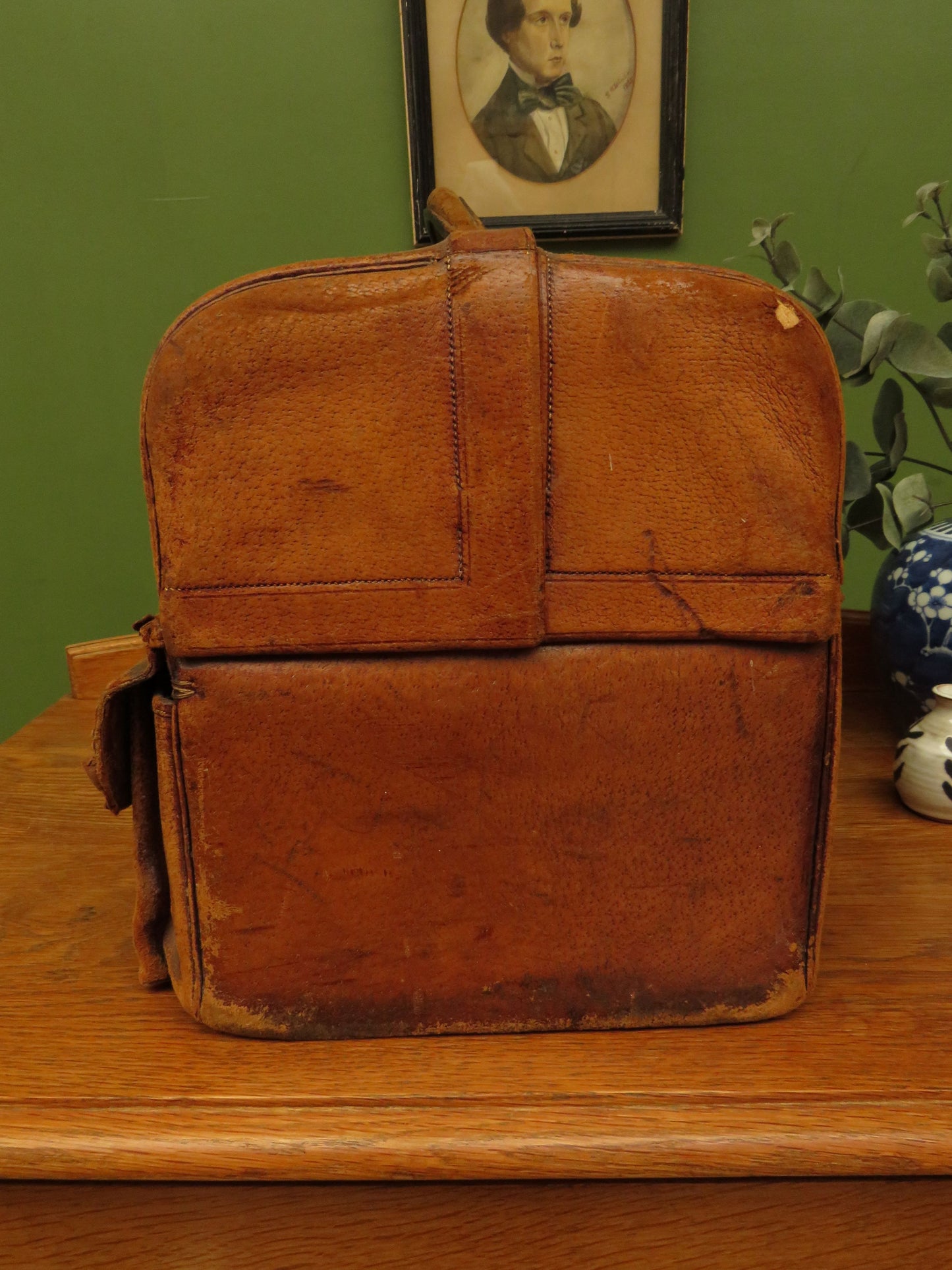 Antique Monogrammed Leather Gladstone Bag and Sharks Pin dated 1890 G.D.D.Davies