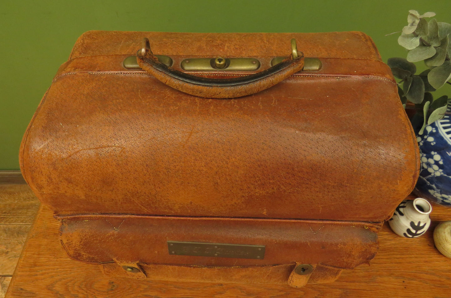 Antique Monogrammed Leather Gladstone Bag and Sharks Pin dated 1890 G.D.D.Davies