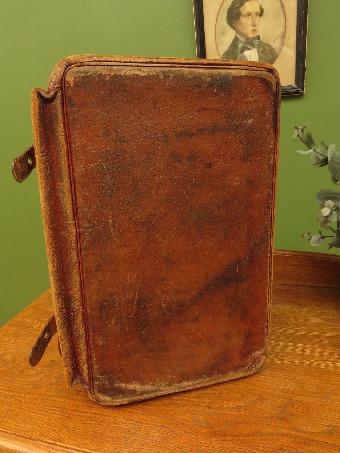 Antique Monogrammed Leather Gladstone Bag and Sharks Pin dated 1890 G.D.D.Davies