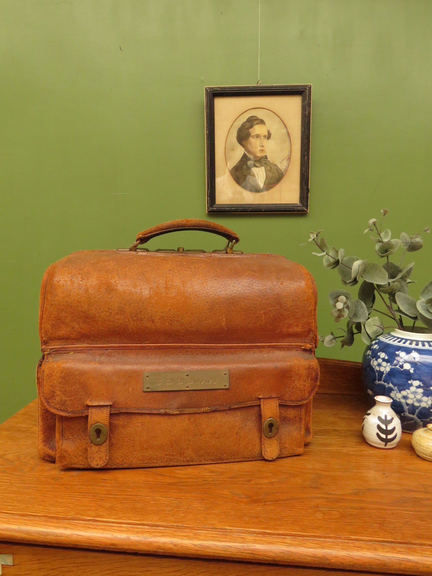 Antique Monogrammed Leather Gladstone Bag and Sharks Pin dated 1890 G.D.D.Davies