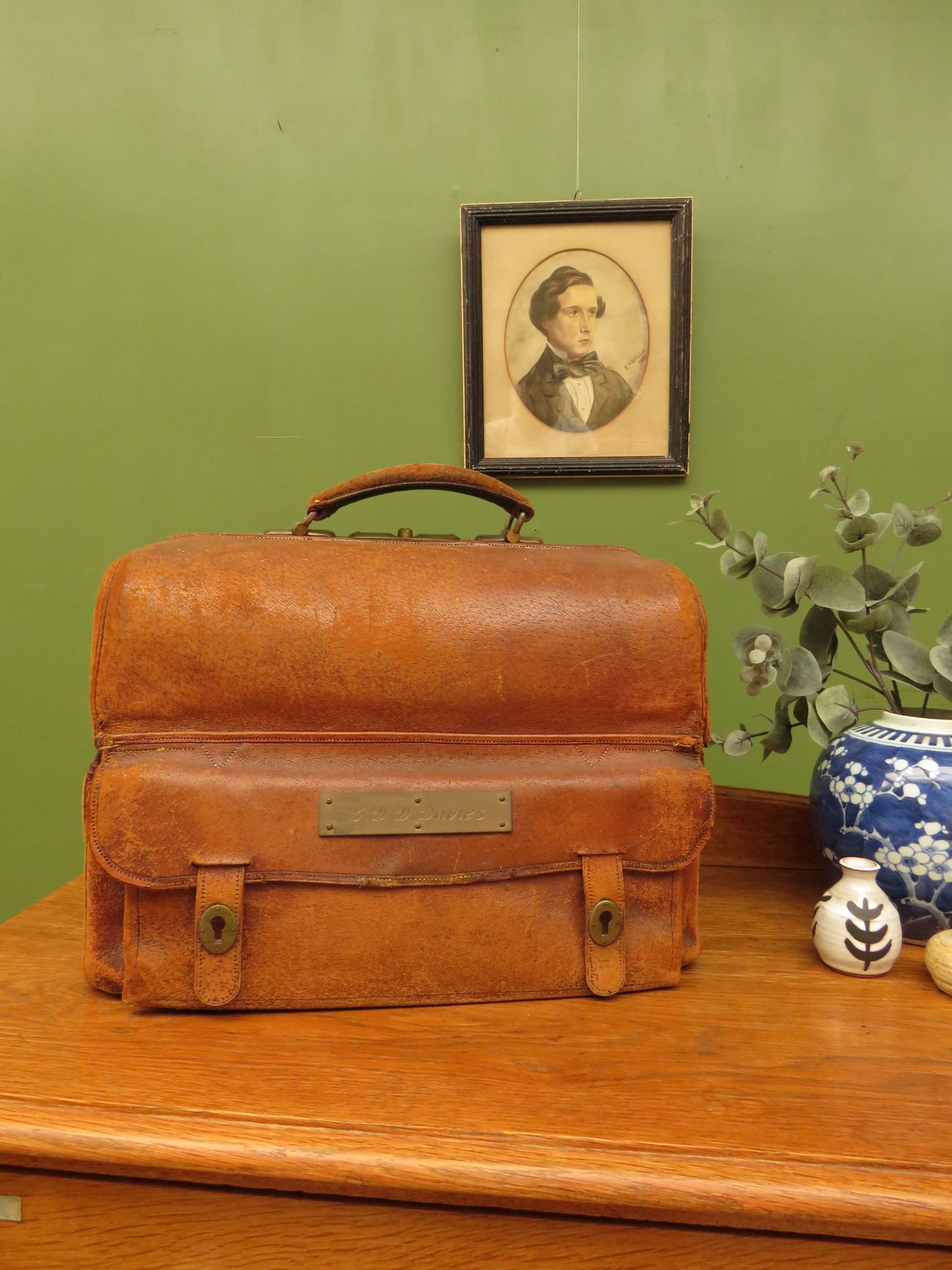 Antique Monogrammed Leather Gladstone Bag and Sharks Pin dated 1890 G.D.D.Davies