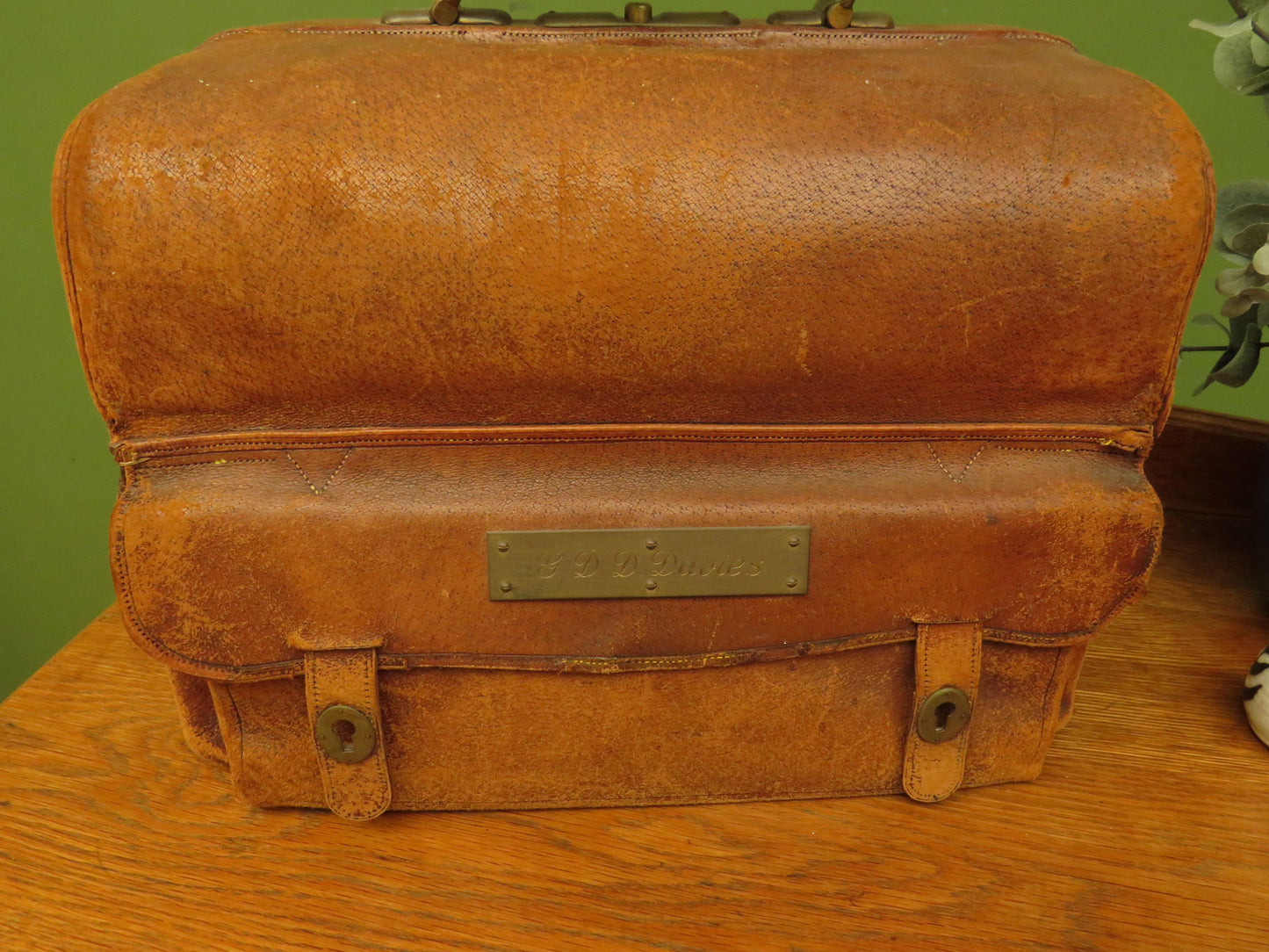 Antique Monogrammed Leather Gladstone Bag and Sharks Pin dated 1890 G.D.D.Davies