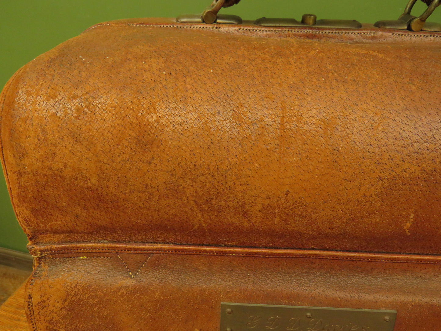 Antique Monogrammed Leather Gladstone Bag and Sharks Pin dated 1890 G.D.D.Davies