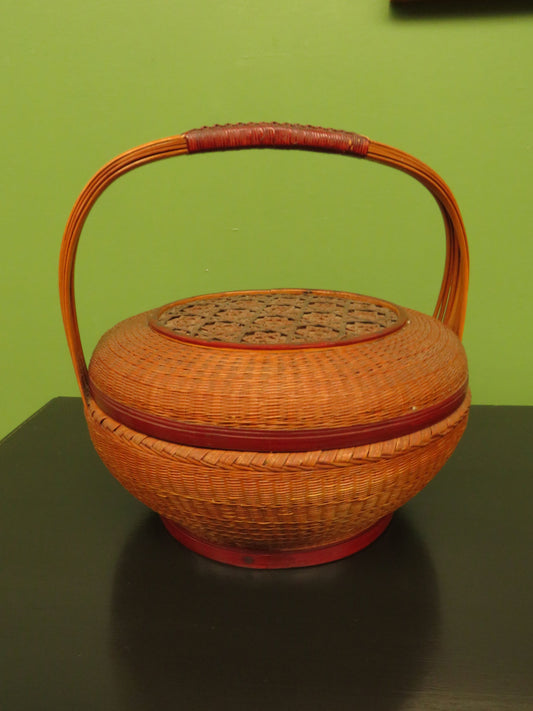 Antique Chinese Lidded Split Bamboo Basket