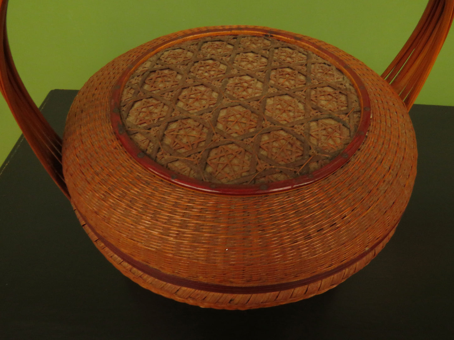 Antique Chinese Lidded Split Bamboo Basket