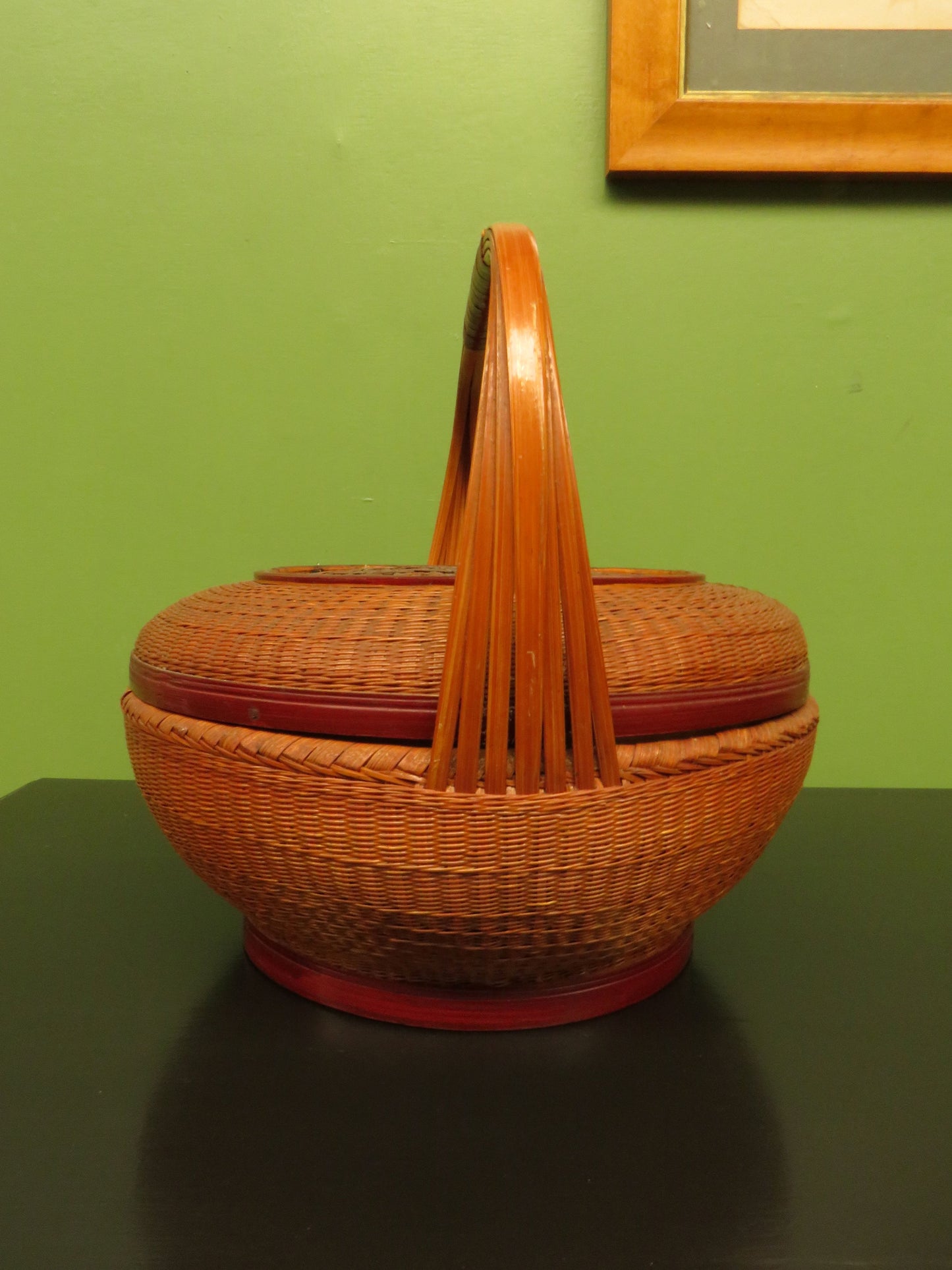 Antique Chinese Lidded Split Bamboo Basket