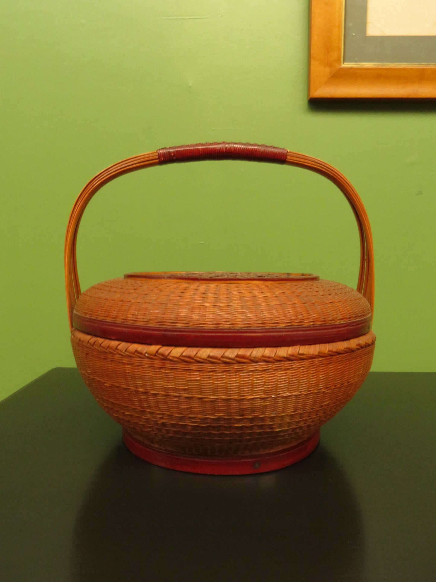 Antique Chinese Lidded Split Bamboo Basket