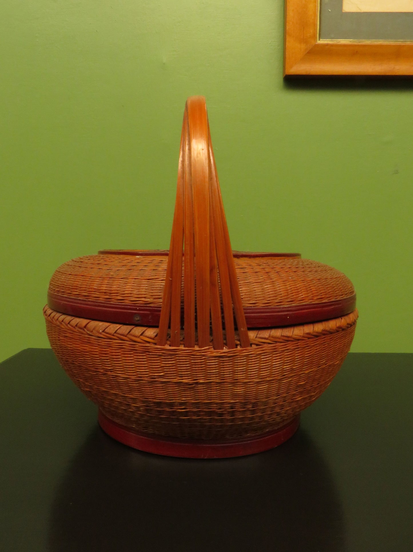 Antique Chinese Lidded Split Bamboo Basket