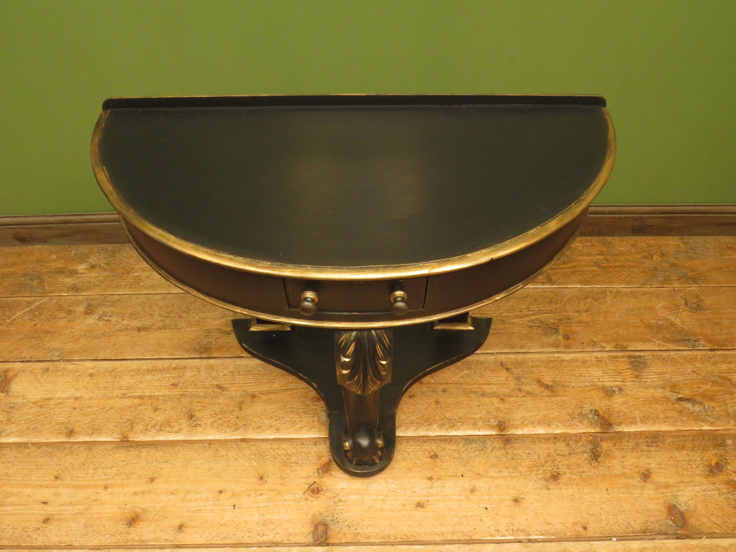 Black and Gold demi lune console table with drawer