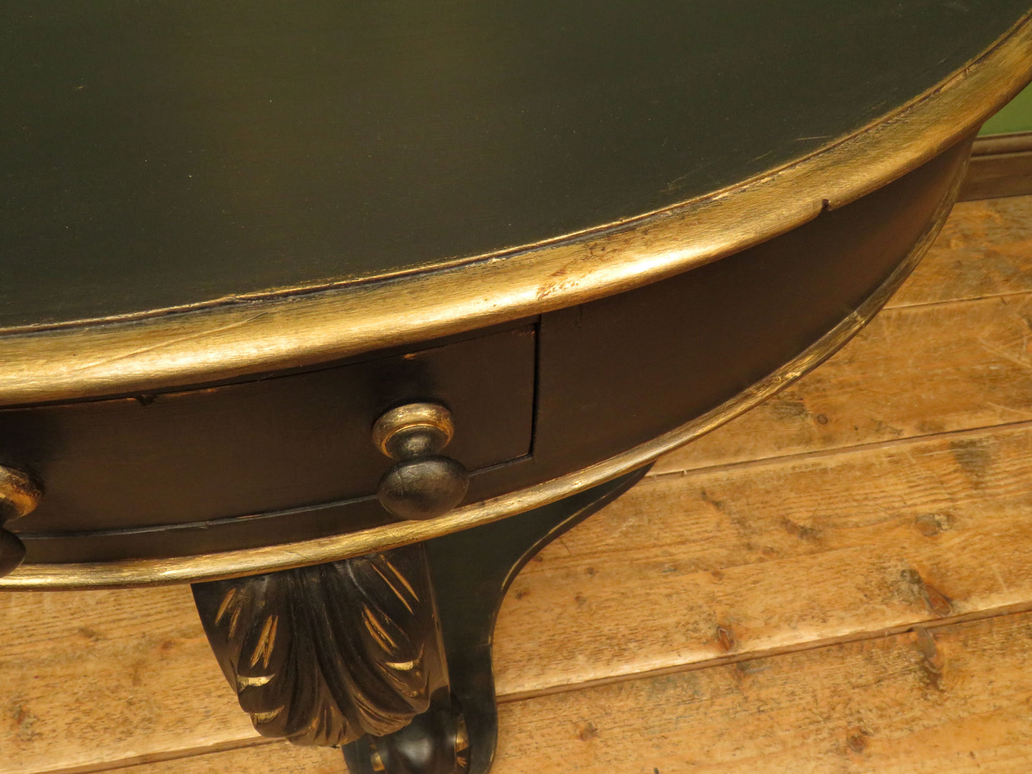 Black and Gold demi lune console table with drawer