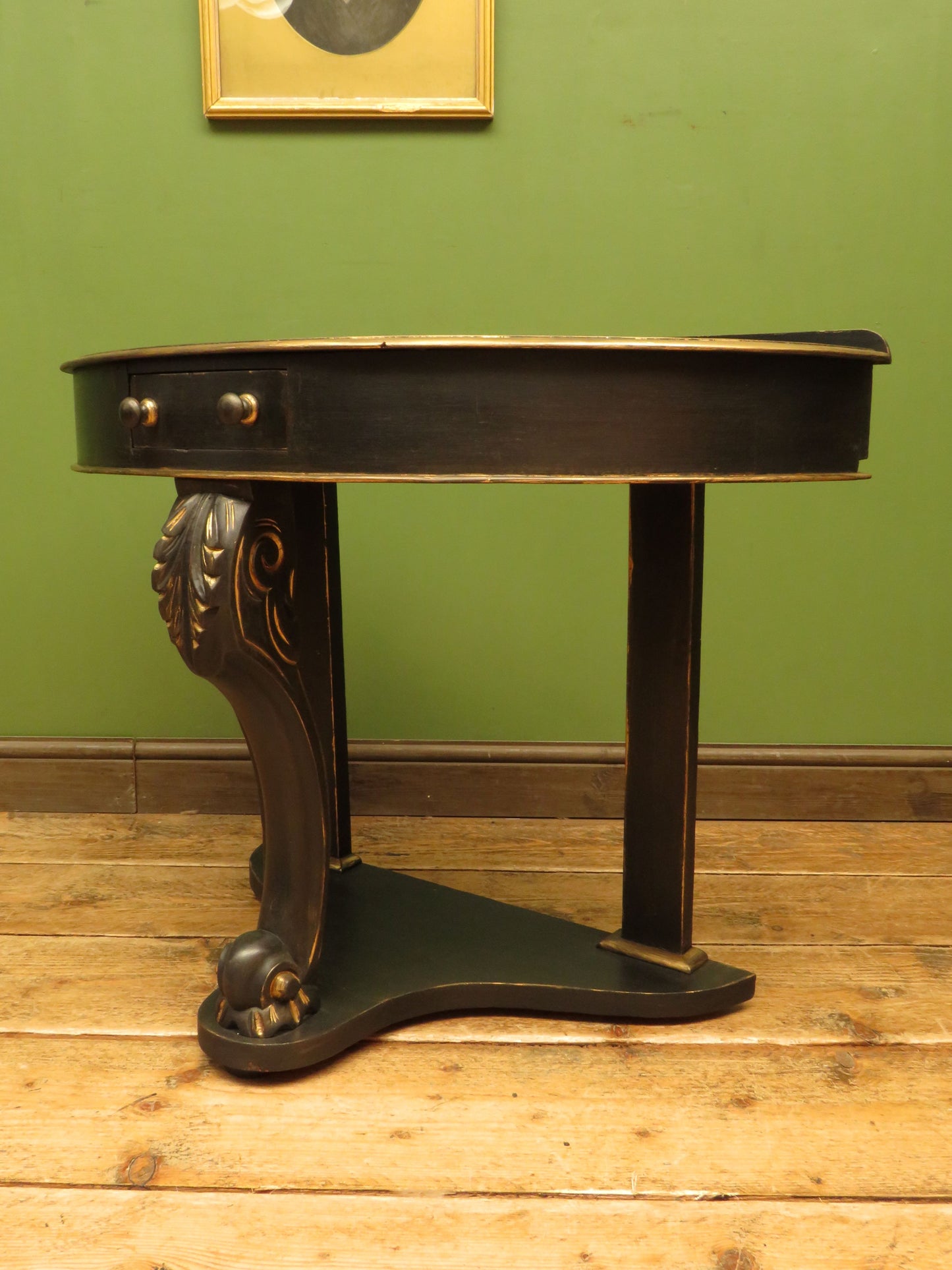 Black and Gold demi lune console table with drawer