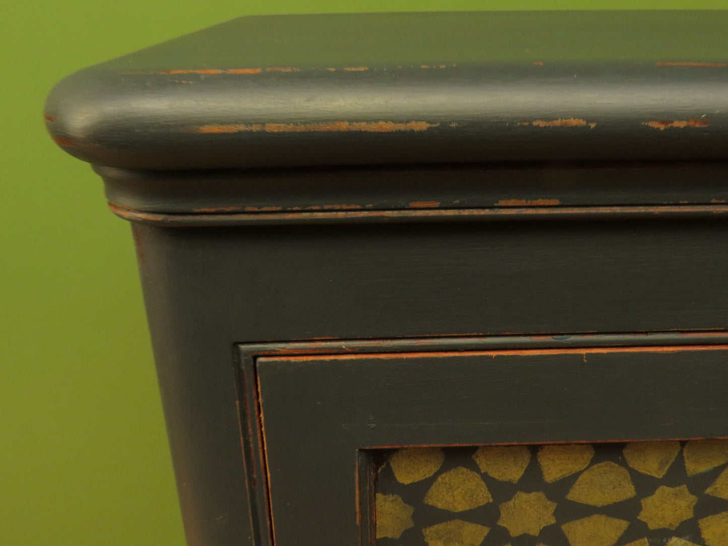 Narrow Black Cupboard with Geometric patterned door