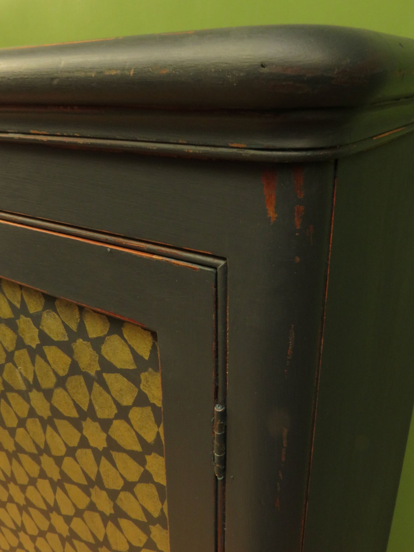 Narrow Black Cupboard with Geometric patterned door