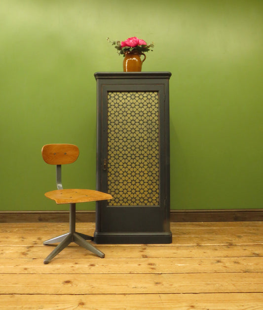 Narrow Black Cupboard with Geometric patterned door