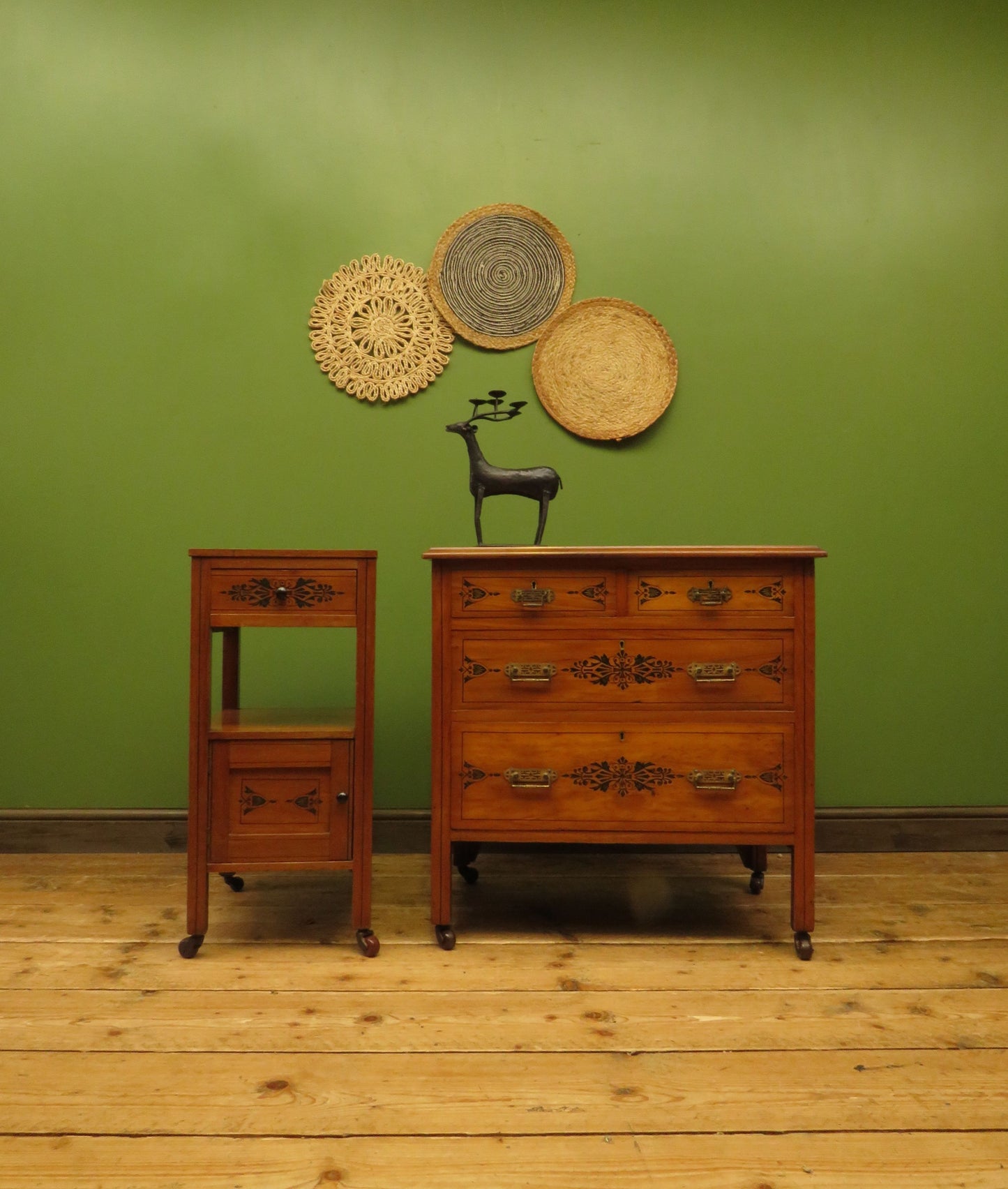 Antique Stencilled Chest of Drawers & Bedside Chest