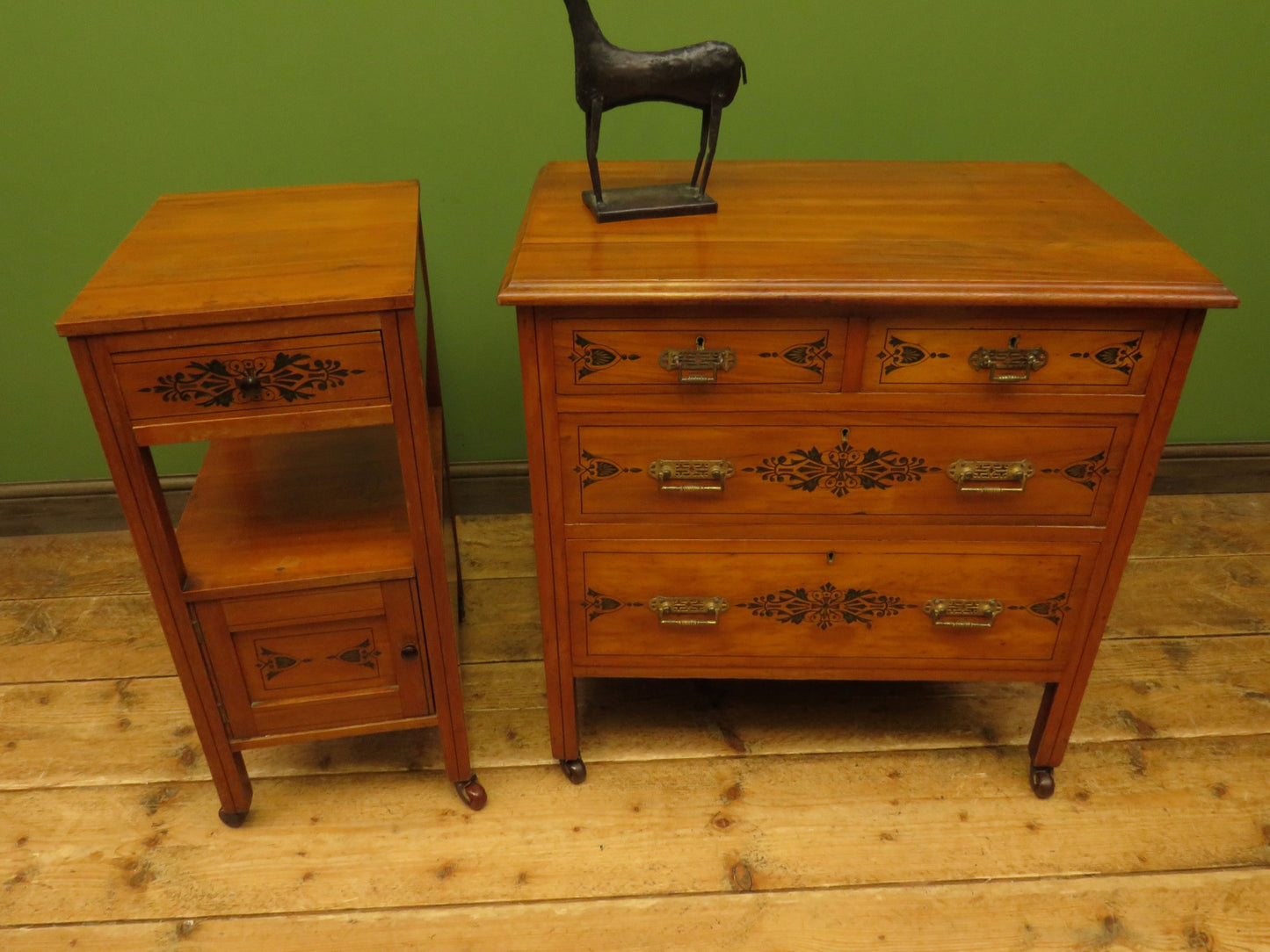 Antique Stencilled Chest of Drawers & Bedside Chest