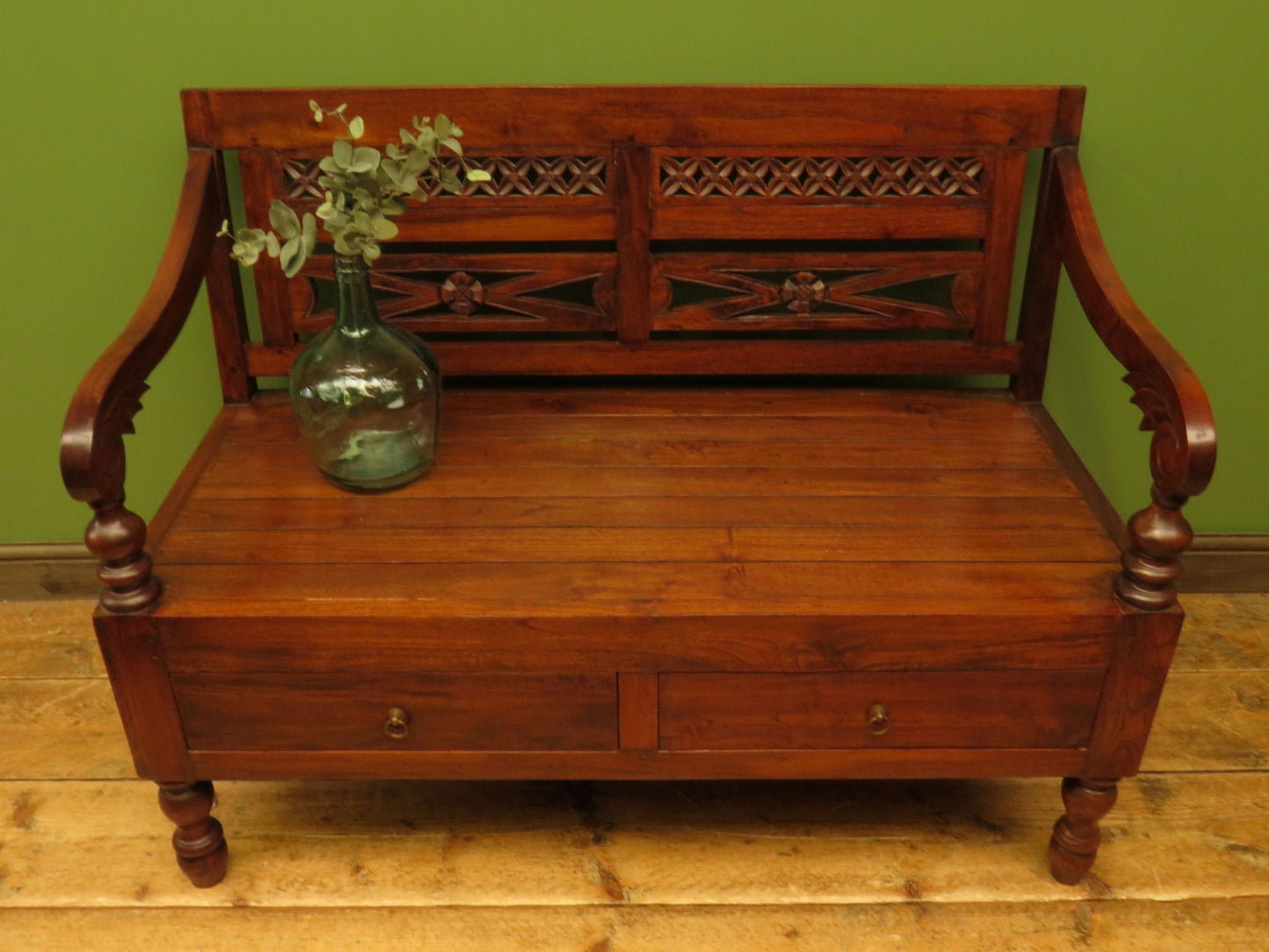 Colonial Anglo-Indian Style Bench with Drawers