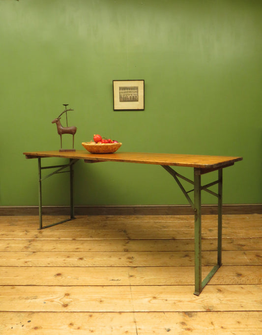 Refurbished Industrial Trestle Table Refectory Table with Green Metal Base