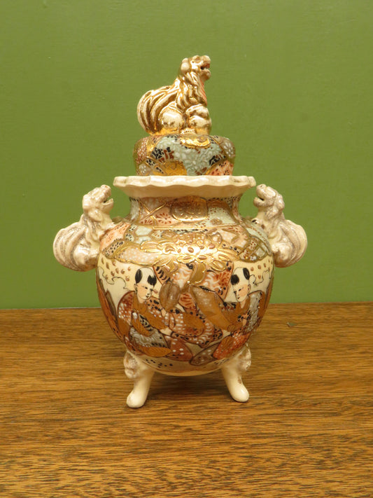 Japanese late Satsuma lidded censer with Moriage decoration & Foo dog handles