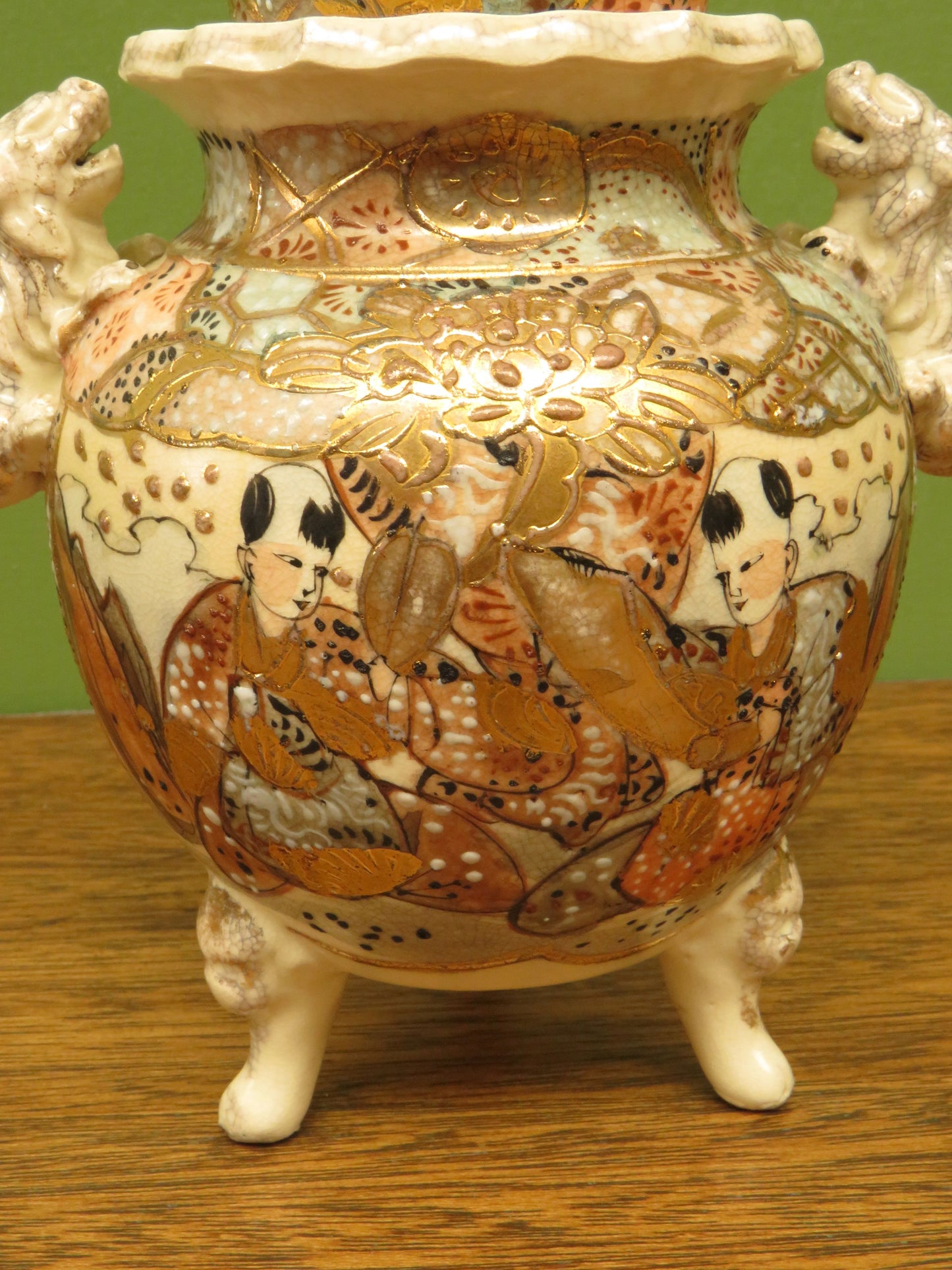 Japanese late Satsuma lidded censer with Moriage decoration & Foo dog handles
