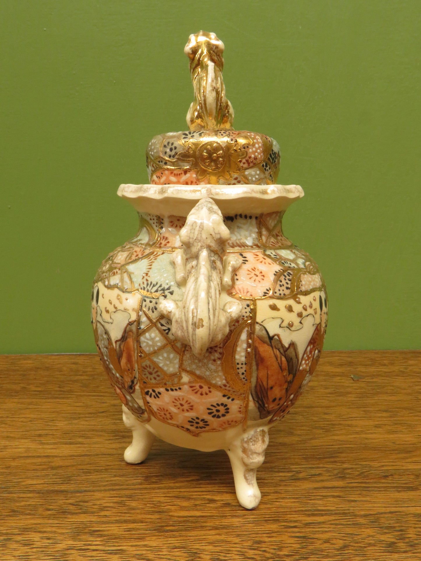 Japanese late Satsuma lidded censer with Moriage decoration & Foo dog handles