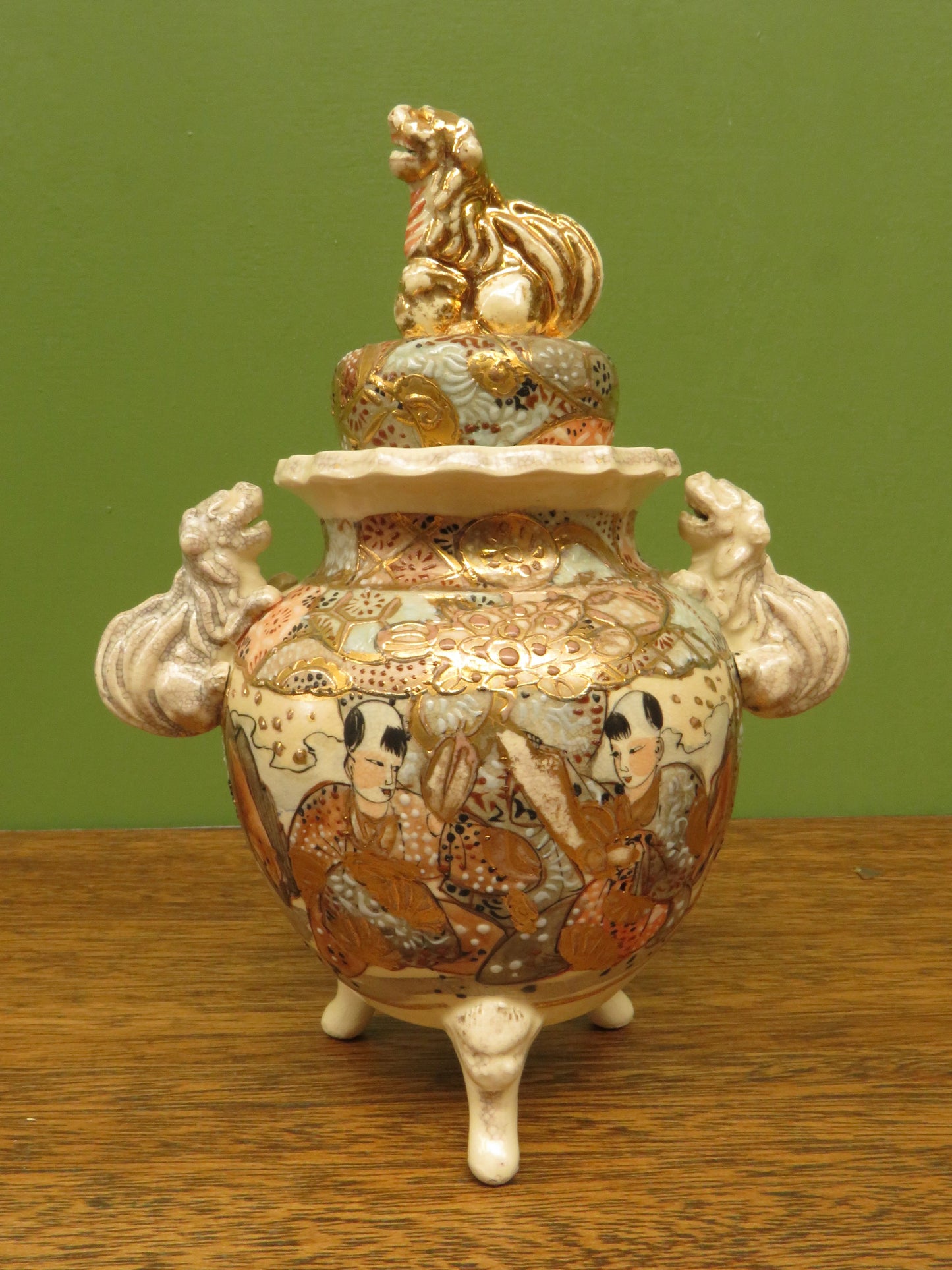 Japanese late Satsuma lidded censer with Moriage decoration & Foo dog handles