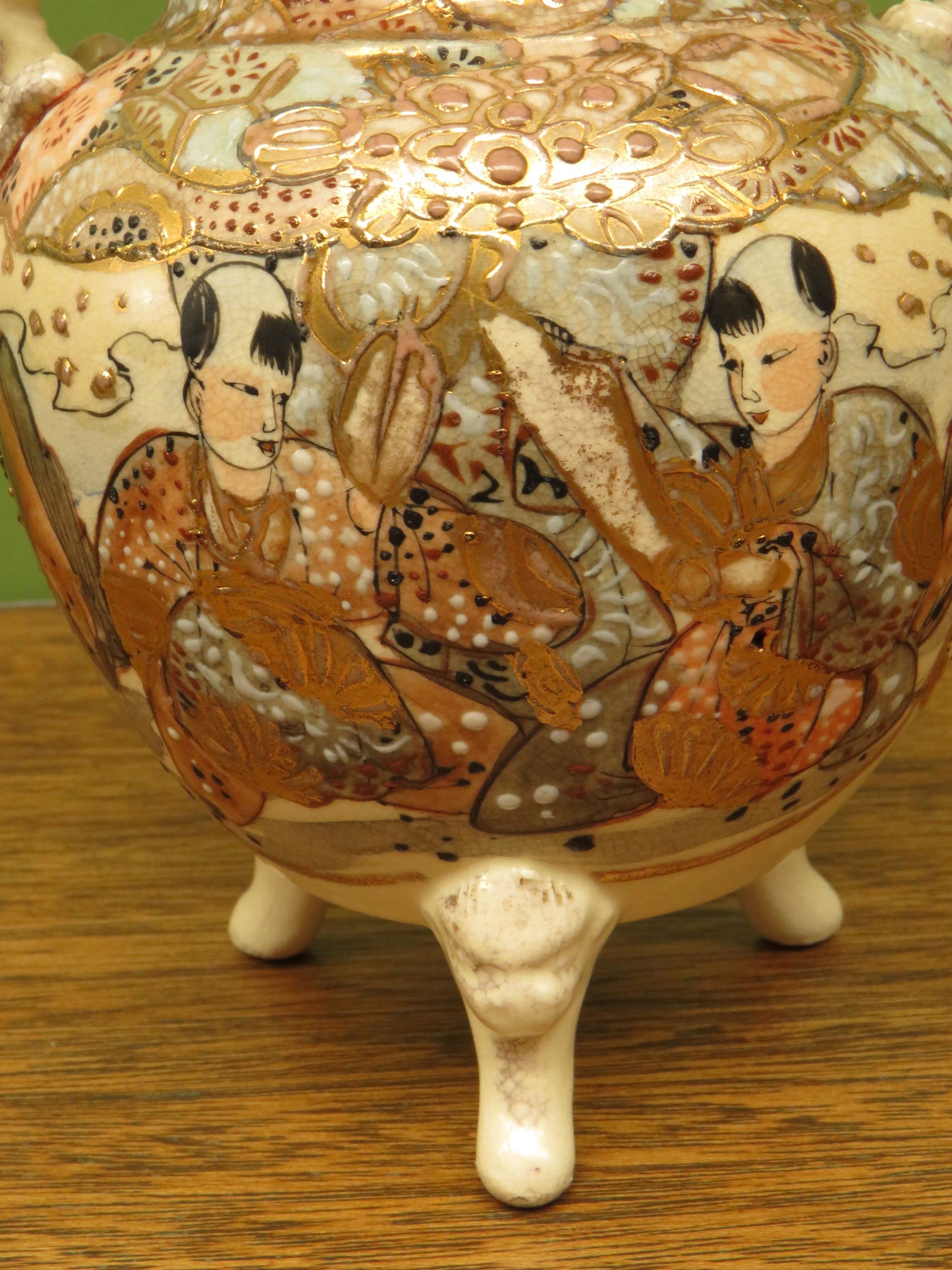 Japanese late Satsuma lidded censer with Moriage decoration & Foo dog handles