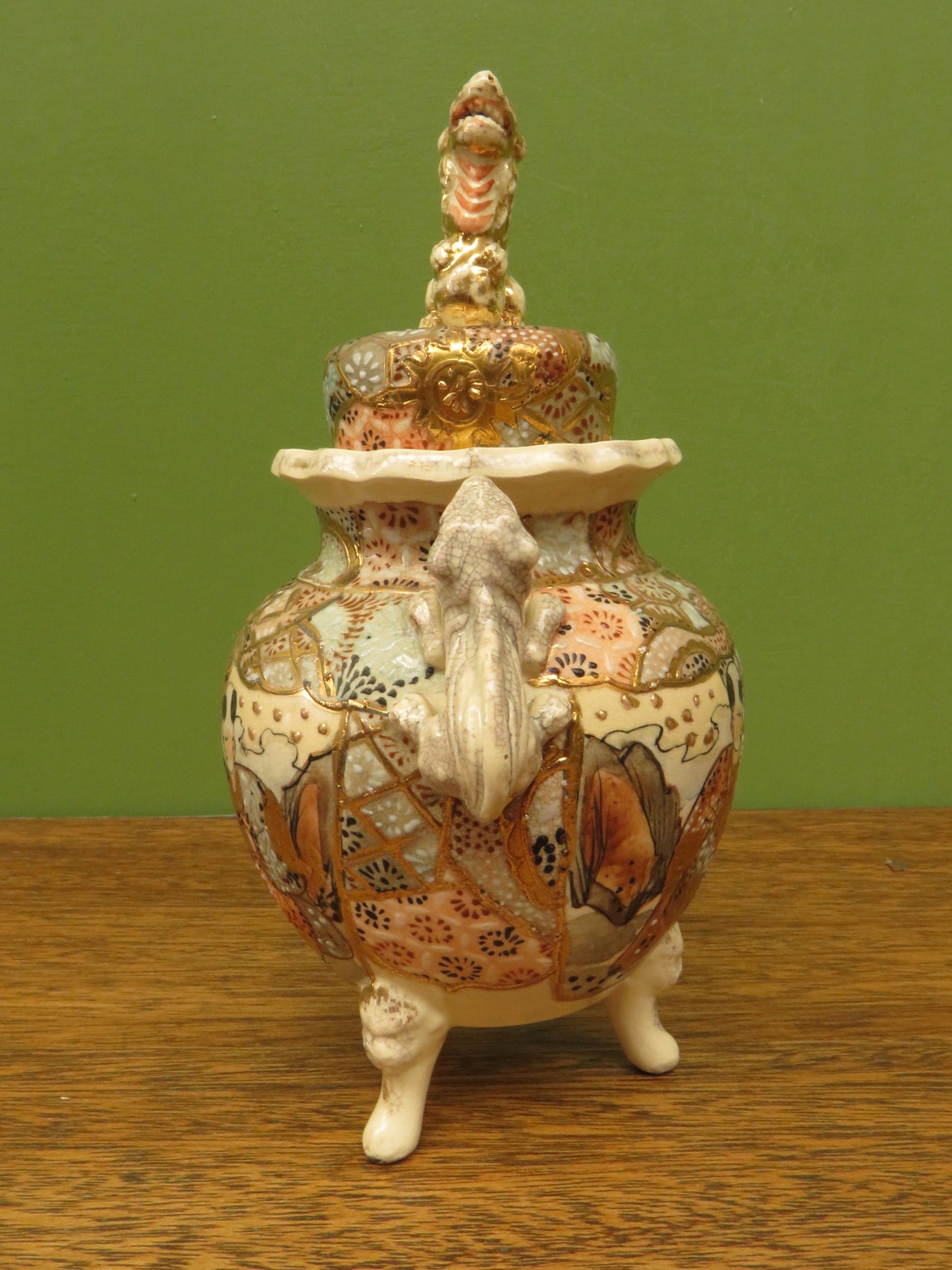 Japanese late Satsuma lidded censer with Moriage decoration & Foo dog handles
