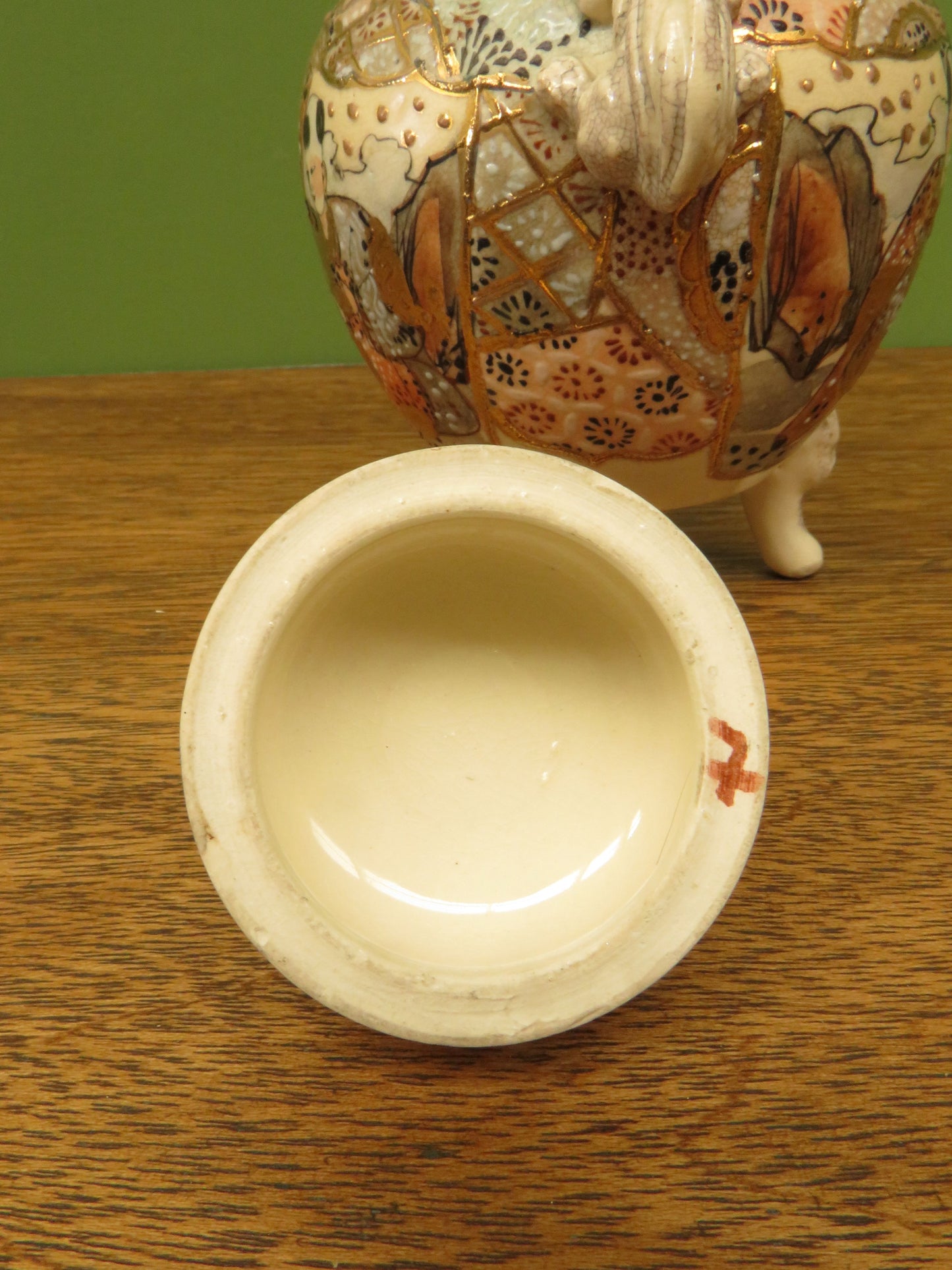 Japanese late Satsuma lidded censer with Moriage decoration & Foo dog handles